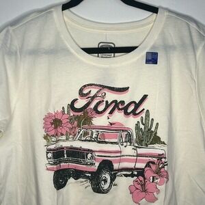Ford Official Licensed NWT Women's Retro Pick Up Truck Floral Cream TShirt Sz XL